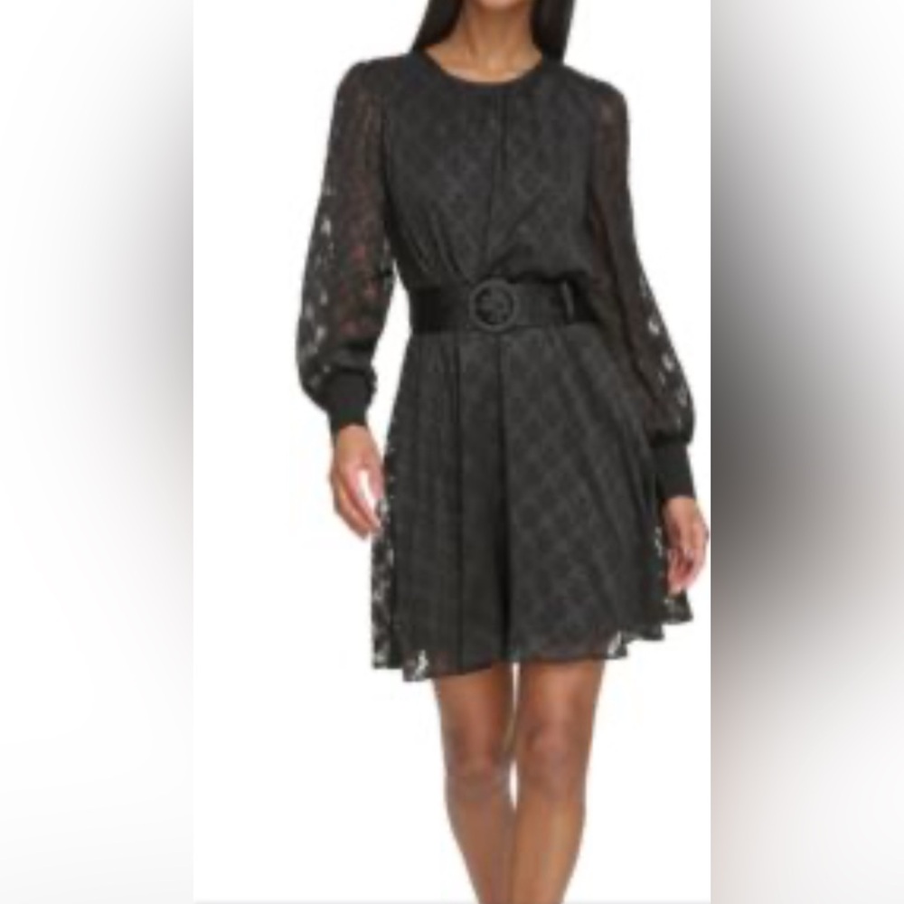Karl Lagerfeld Black Lace Long-Sleeve Belted Mini Dress